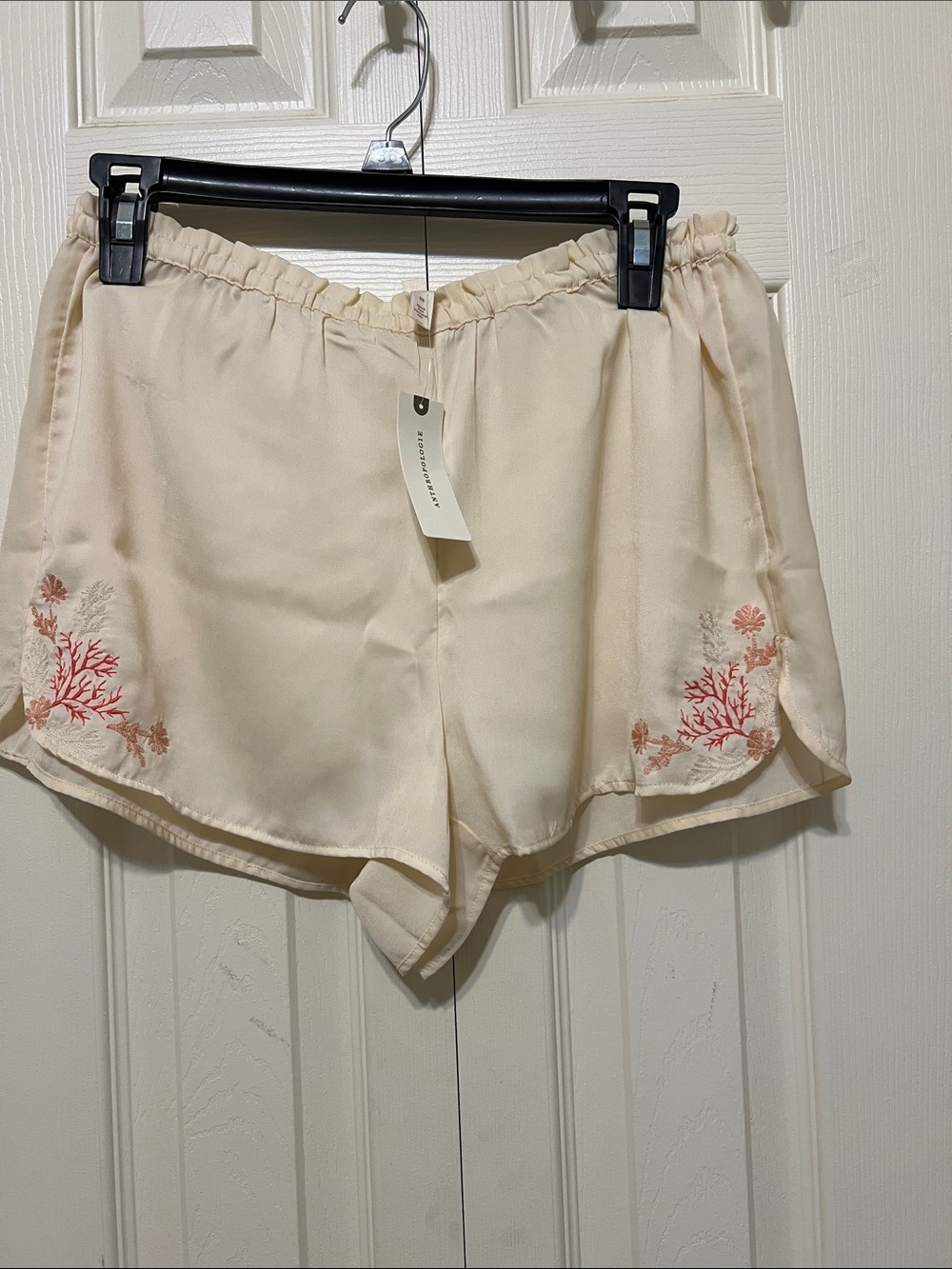Anthropologie Cream Shorts with Coral Embroidery
